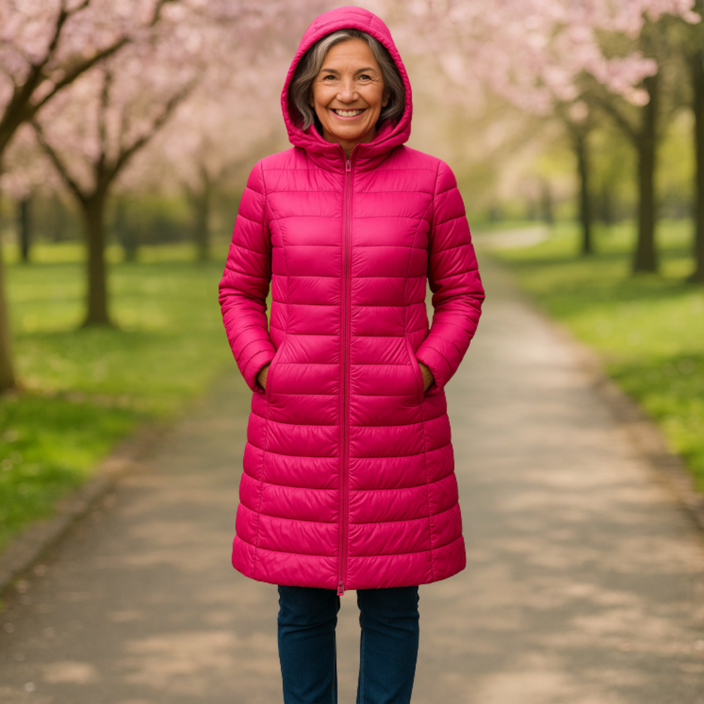 Helsa long padded jacket in pink, full-length front view with hood up