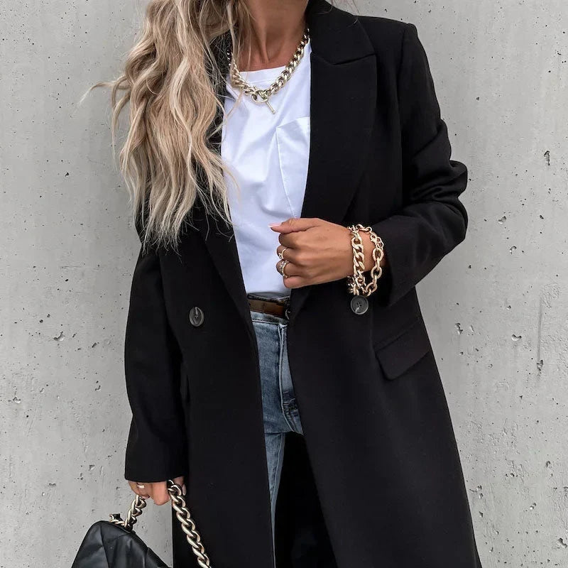 Evelyn classic lapel coat in black, close view of collar and buttons