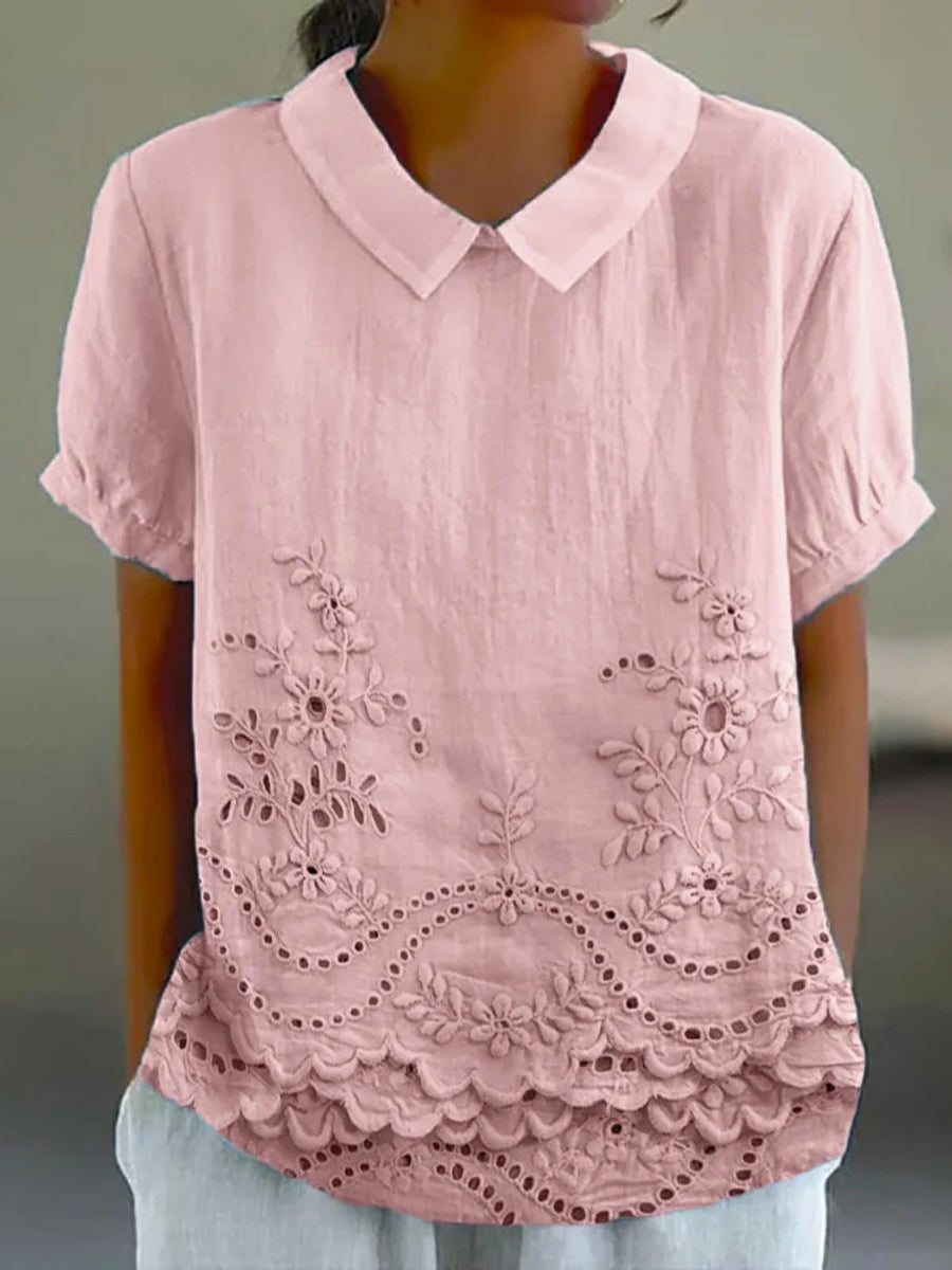 Lily floral embroidered blouse in pink, front view with scalloped hem