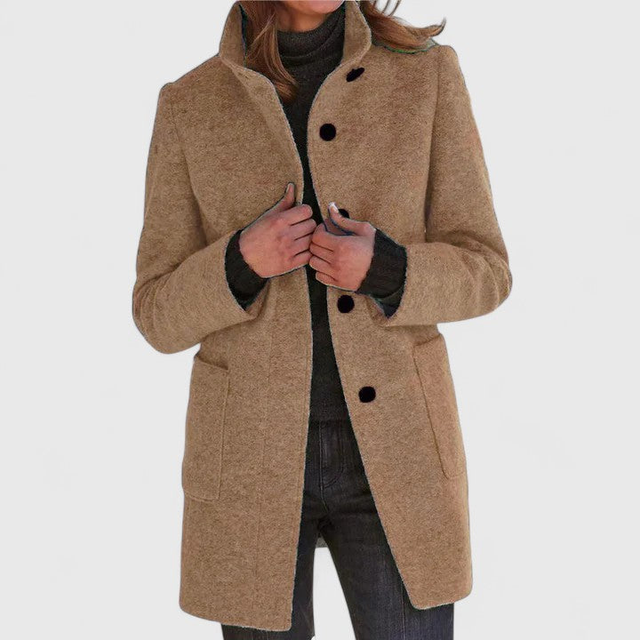 Harriette elegant coat in camel, buttoned front view