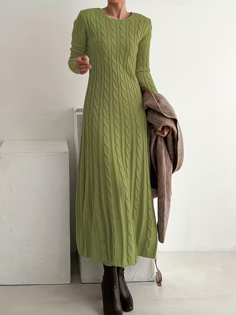 Samara elegant long cable-knit dress in green, full-length front view