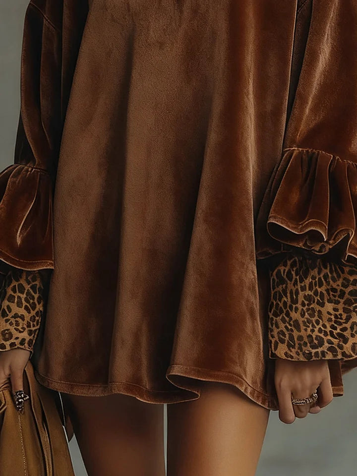 Ofelia brown velvet mini dress, detail of leopard-print cuffs and flared hem