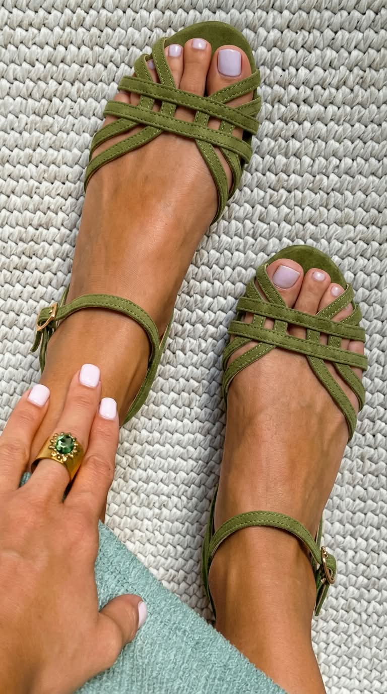 Woven strap flat sandals in olive, worn top view
