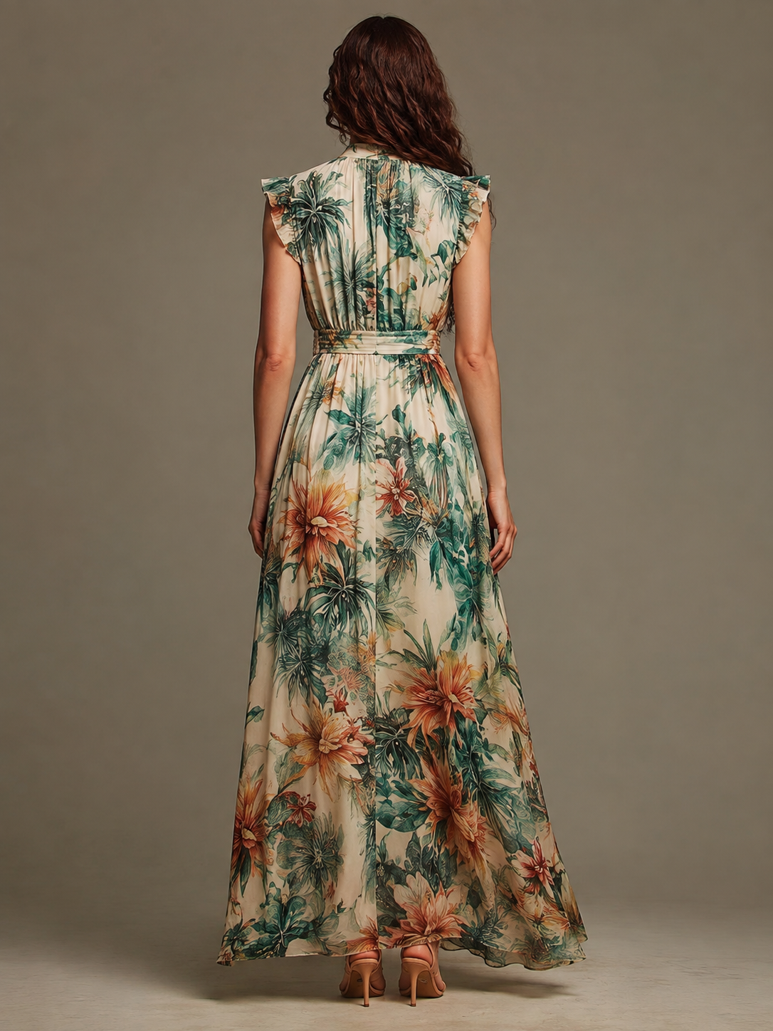 Penelope tropical maxi dress in cream and green print, back view