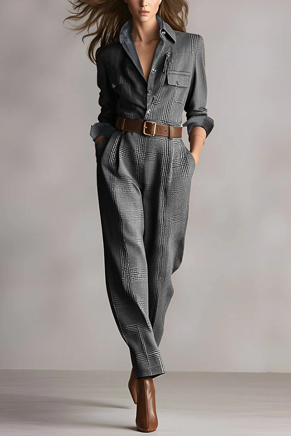 Aubrette tailored check jumpsuit in grey, full-length front view