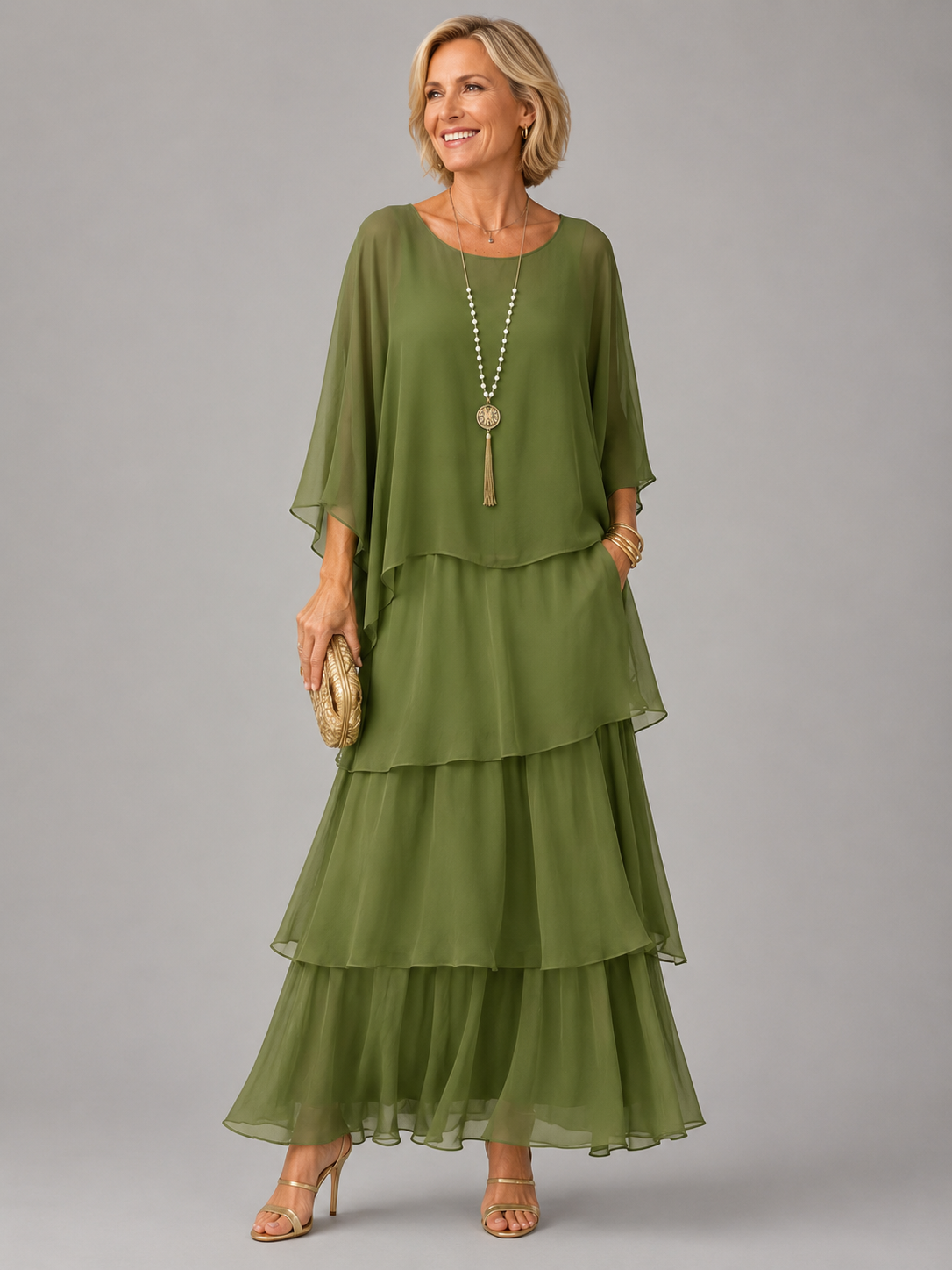 Lara tiered maxi dress in green, full-length front view