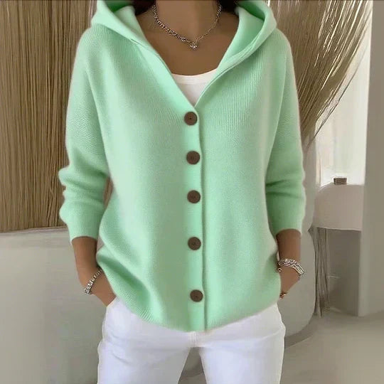 Rocío hooded knit cardigan in mint green, front view