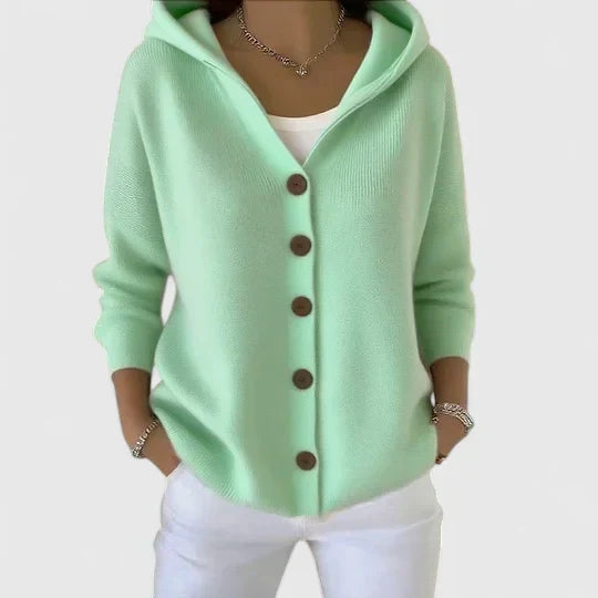 Sylvette hooded cardigan in mint green, buttoned front view