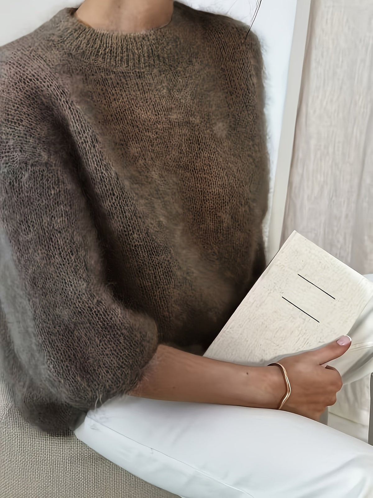 Ember crew neck sweater in coffee, balloon sleeve detail