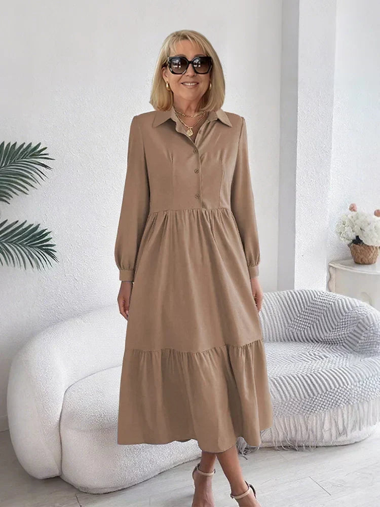 Sophia ruffle shirt dress in beige, full-length front view