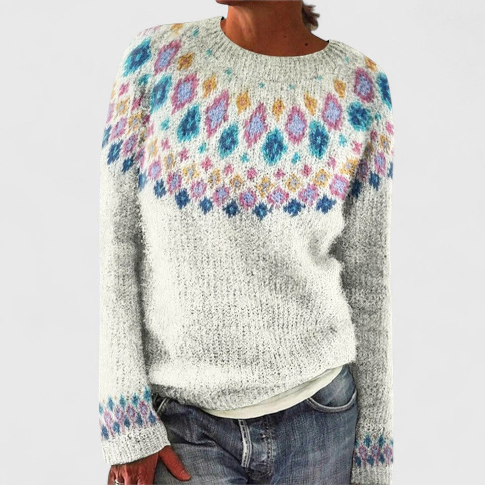 Mary retro Scandinavian knitted sweater in cream with colourful Nordic pattern, front view
