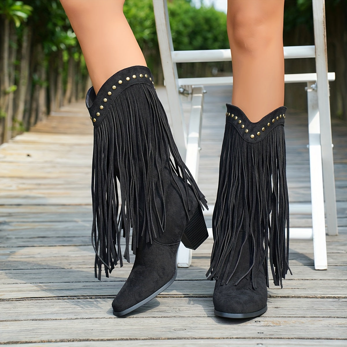 Vespa fringe western boots in black, front view with studded shaft