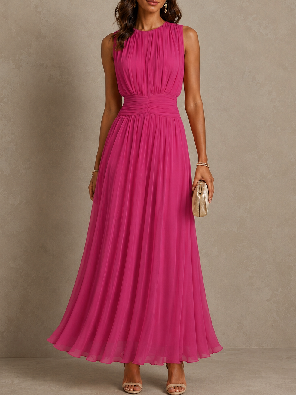 Chayna pleated maxi dress in pink, full-length front view