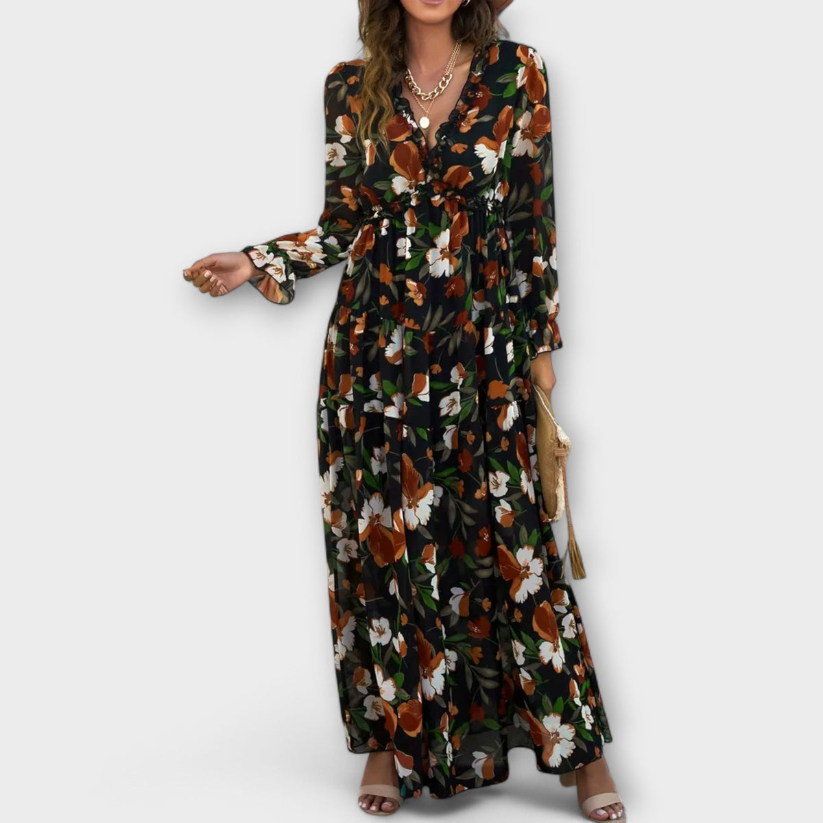 Maya floral V-neck maxi dress in black and rust floral, front view