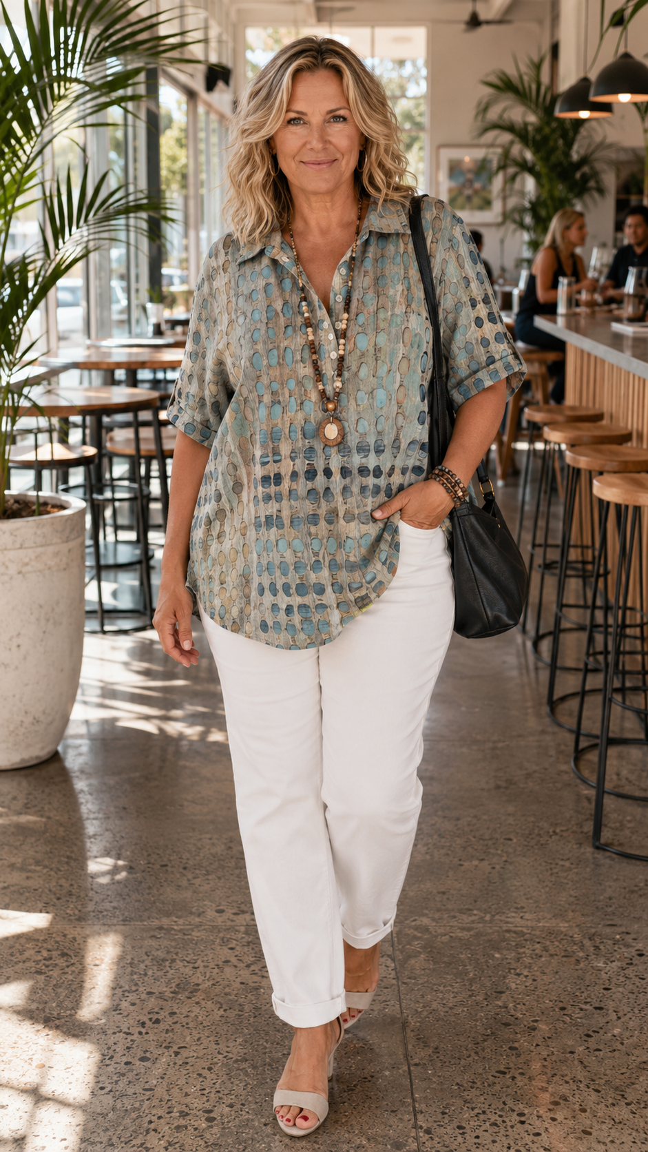 Melody relaxed comfort top in green-blue print, full-length view in a cafe