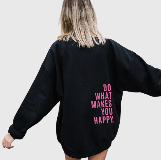 Lucy oversized hoodie in black with pink back print, full rear view