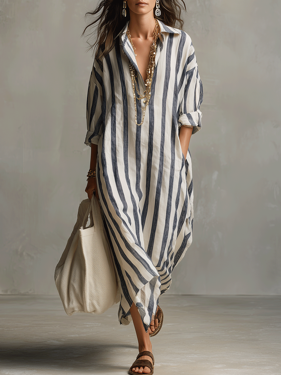 Striped shirt maxi dress in off-white and navy, full-length front view