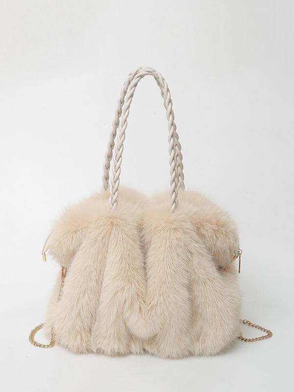 Charlotte plush shoulder tote bag in white with gold chain strap, front view