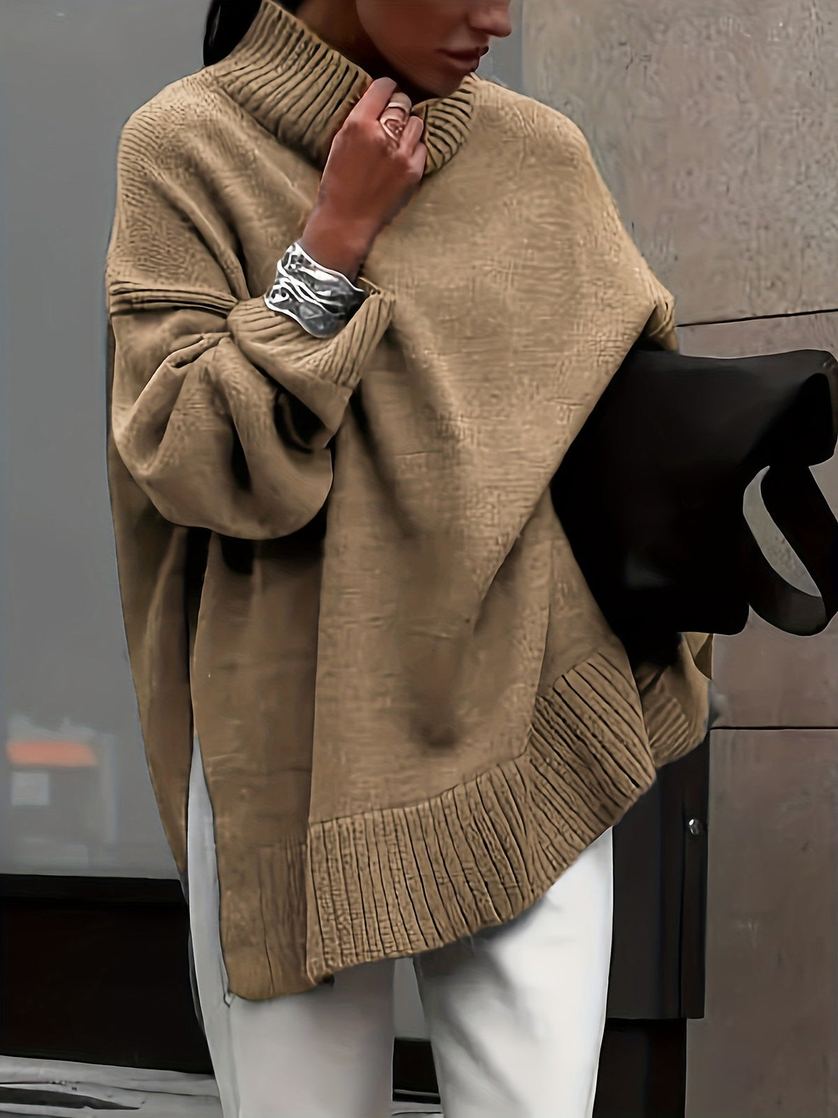 Claar oversized turtleneck sweater in olive brown, front view