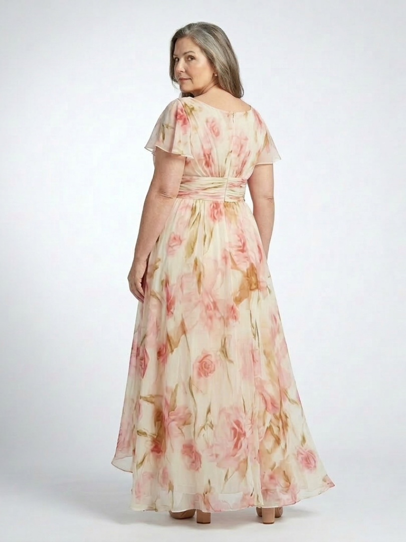 Elara floral maxi dress in pink floral print, back view