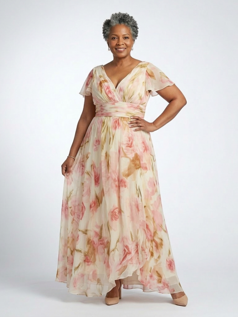 Elara floral maxi dress worn with heels, full-length front view