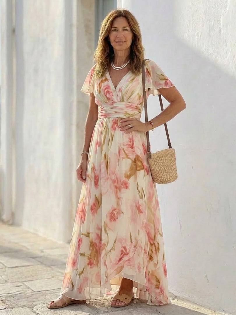 Elara floral maxi dress styled with straw bag on a sunny street