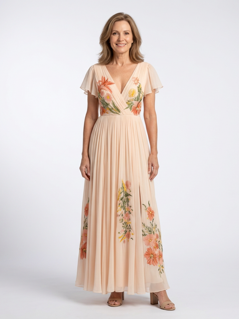 Calista pleated floral maxi dress in blush peach, full-length front view