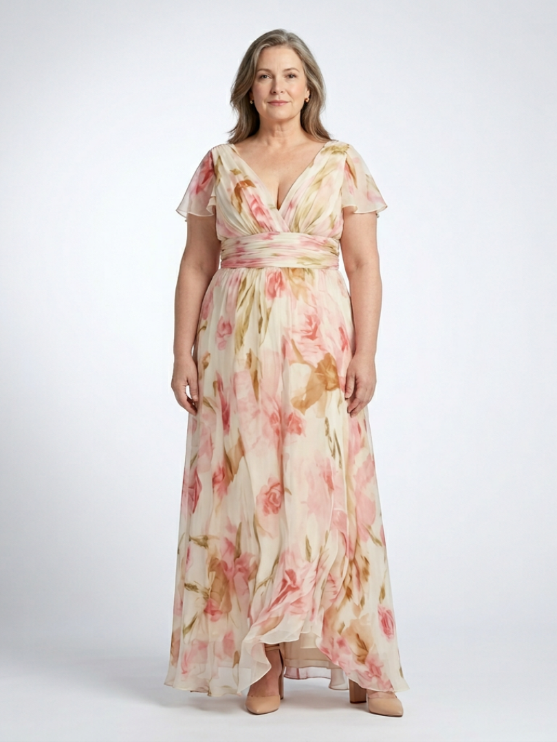 Elara floral maxi dress in cream and pink, full-length front view