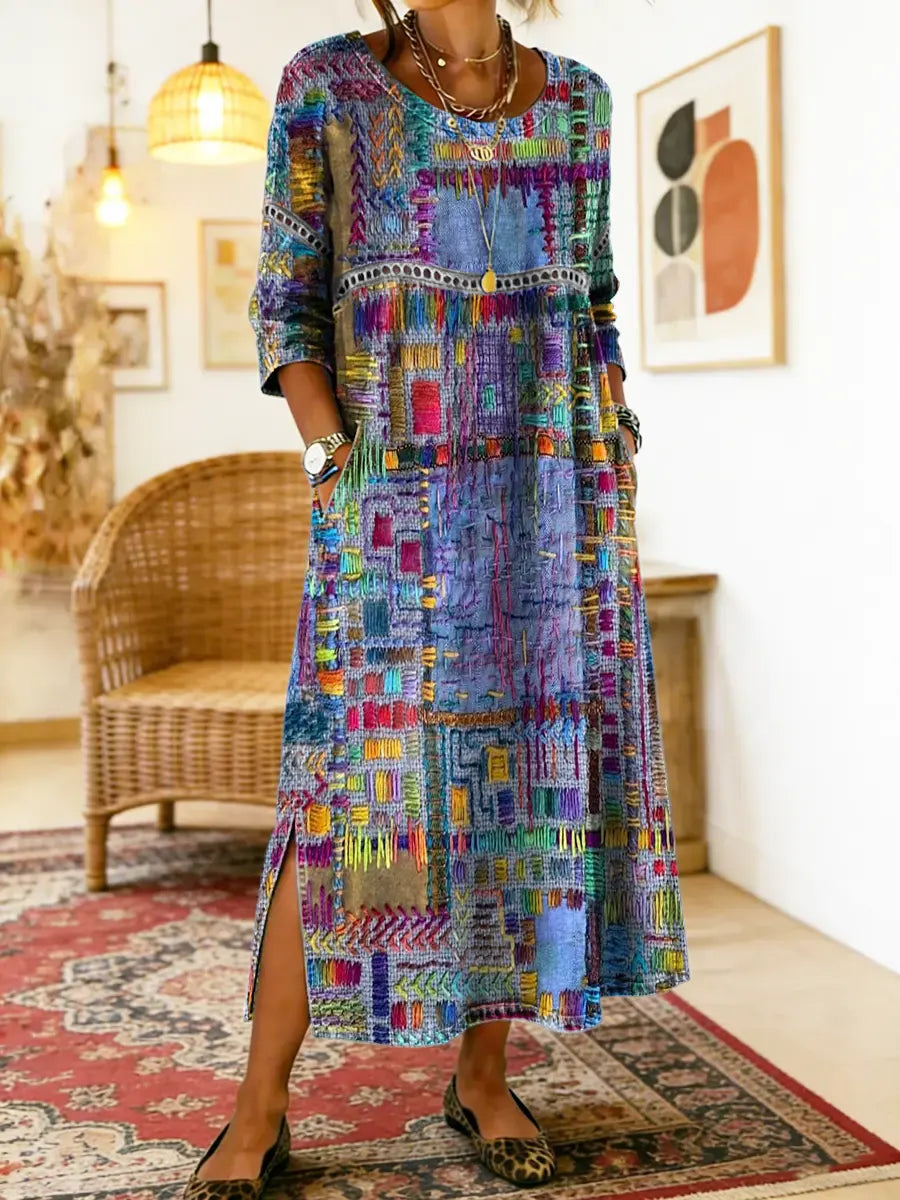 Sabine bohemian print maxi dress in blue, full-length front view