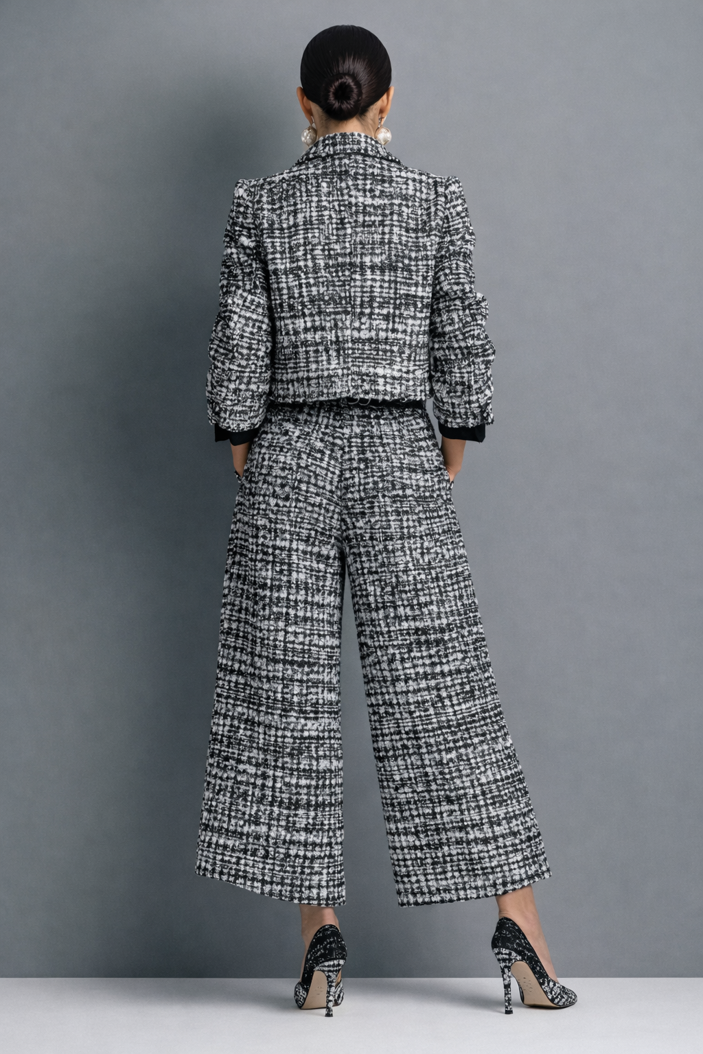 Lucia two-piece tweed set in grey, back view