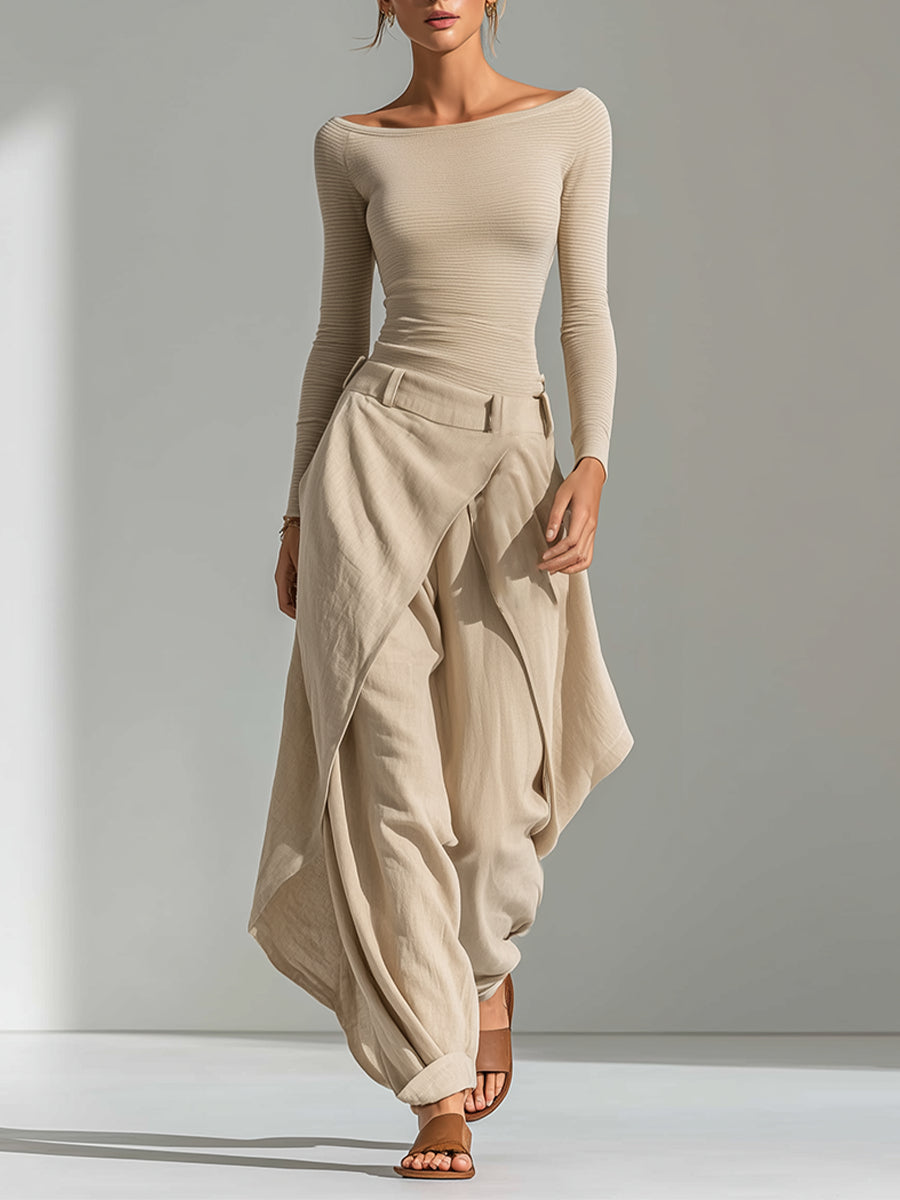 Éveline beige boat-neck top and wide-leg ruffle-trouser set, full front view