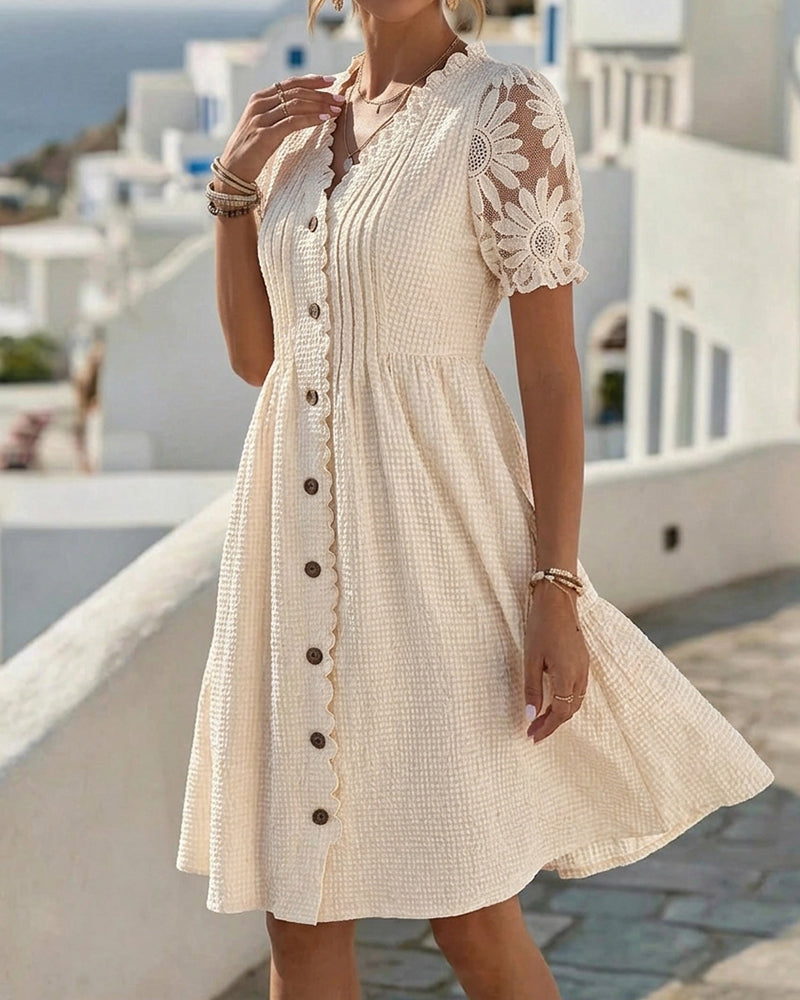 Deneke balloon sleeve midi dress in beige, side view showing lace sleeve