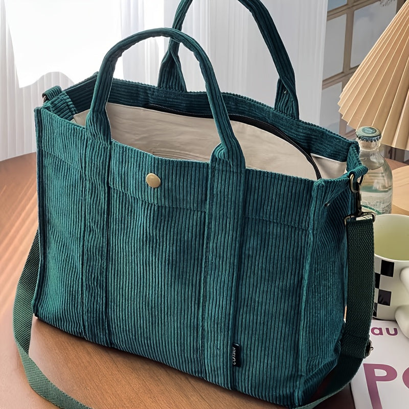 Maribel daily tote bag in teal corduroy, front view with dual handles
