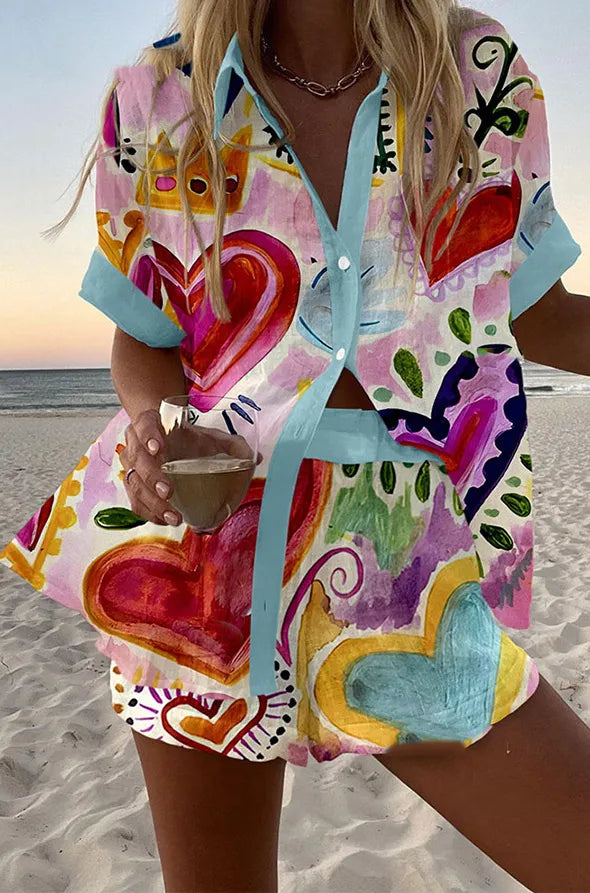 Amore summer co-ord set in pink heart print, shirt and shorts front view