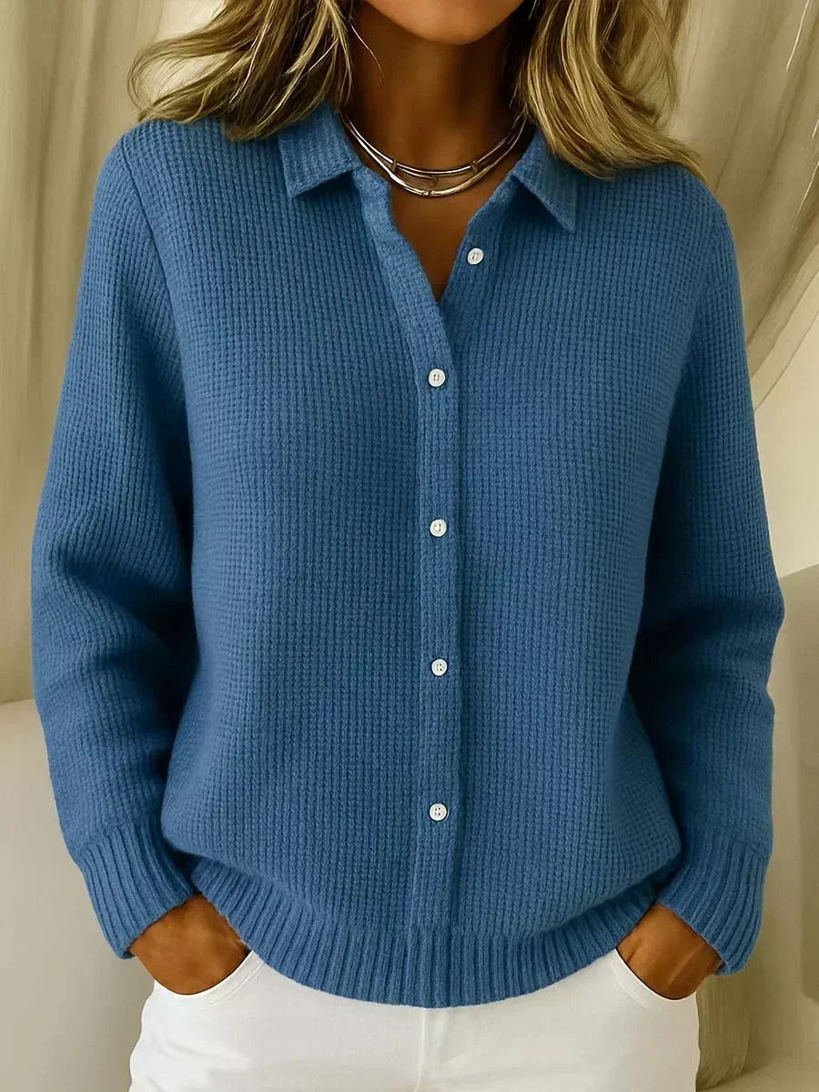 Carmela textured button-up cardigan in dark blue, front view