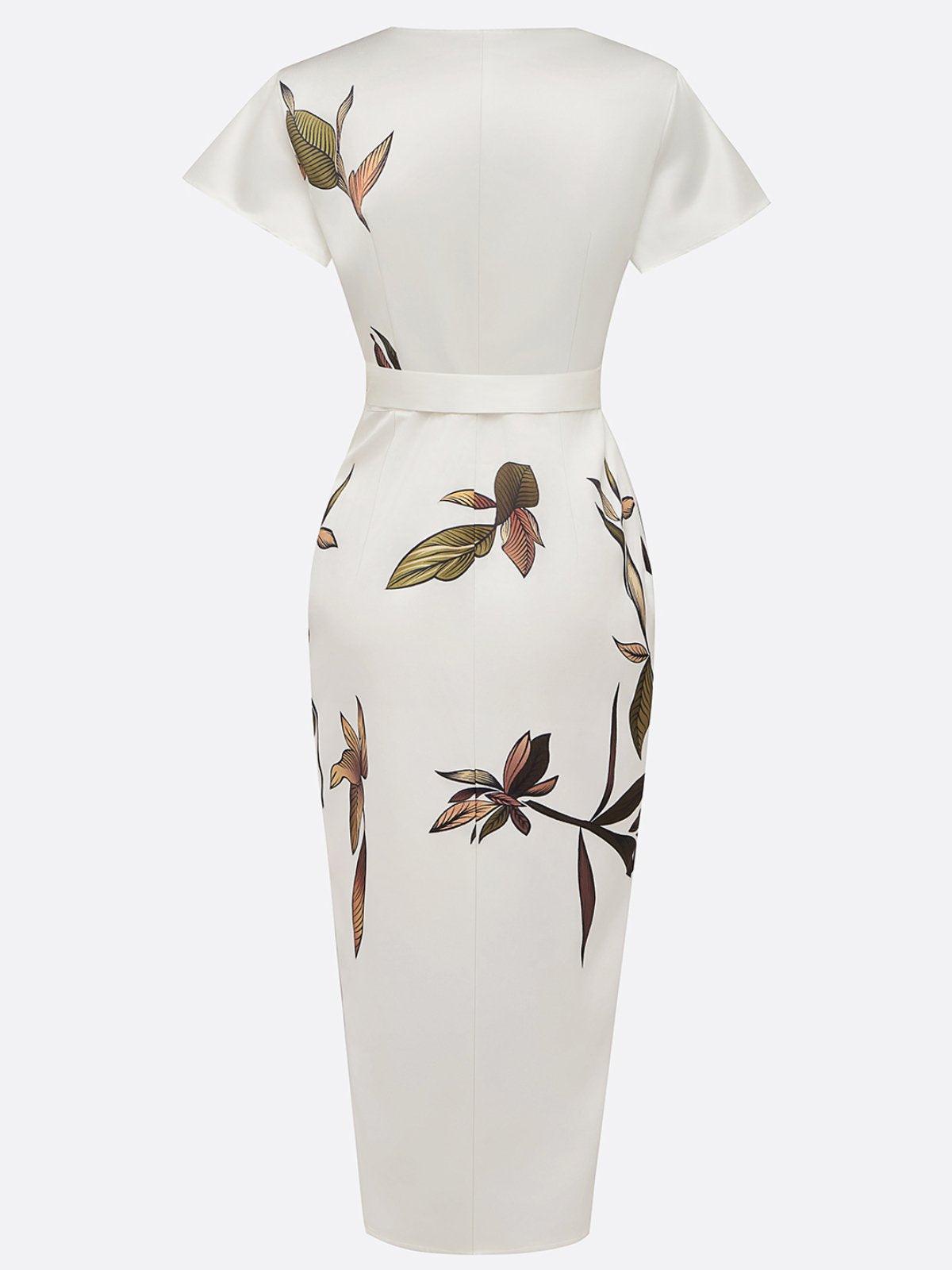 Melody midi dress in white, back view showing leaf print