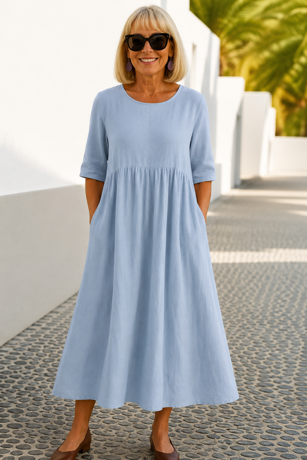 Sofia flattering midi dress in sky blue, full-length front view