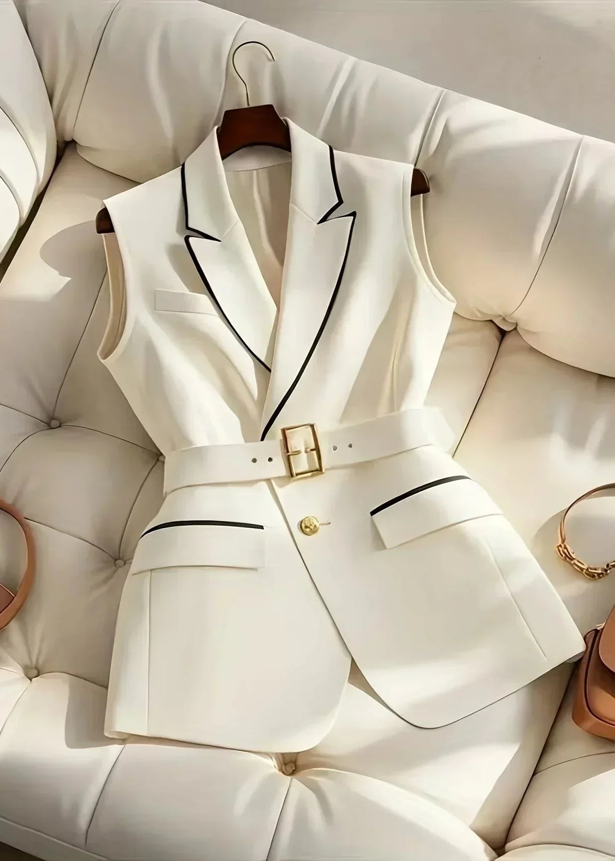 Sofja belted tailored vest in ivory with black piping, front view