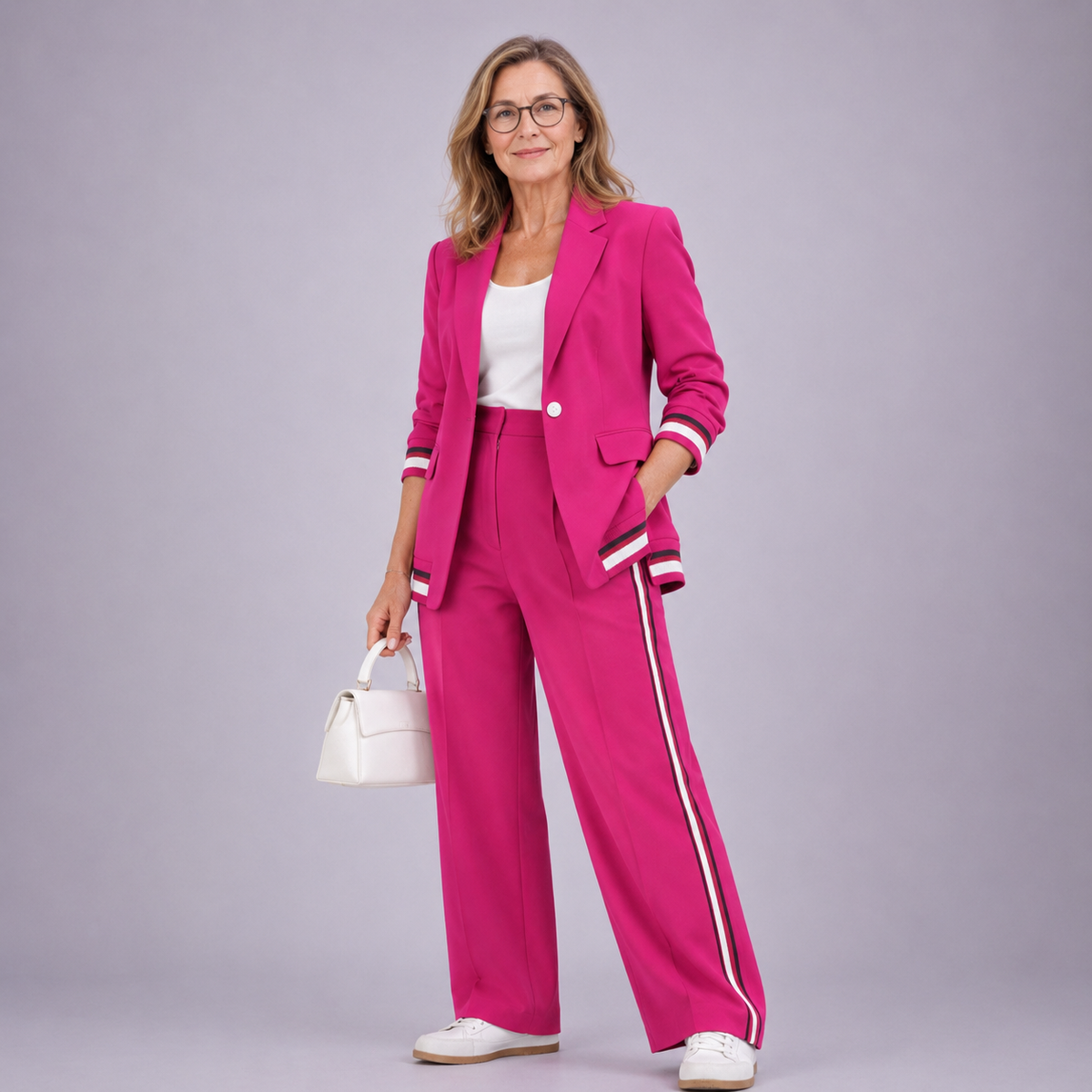 Hyacinth casual suit set in pink, full-length front view