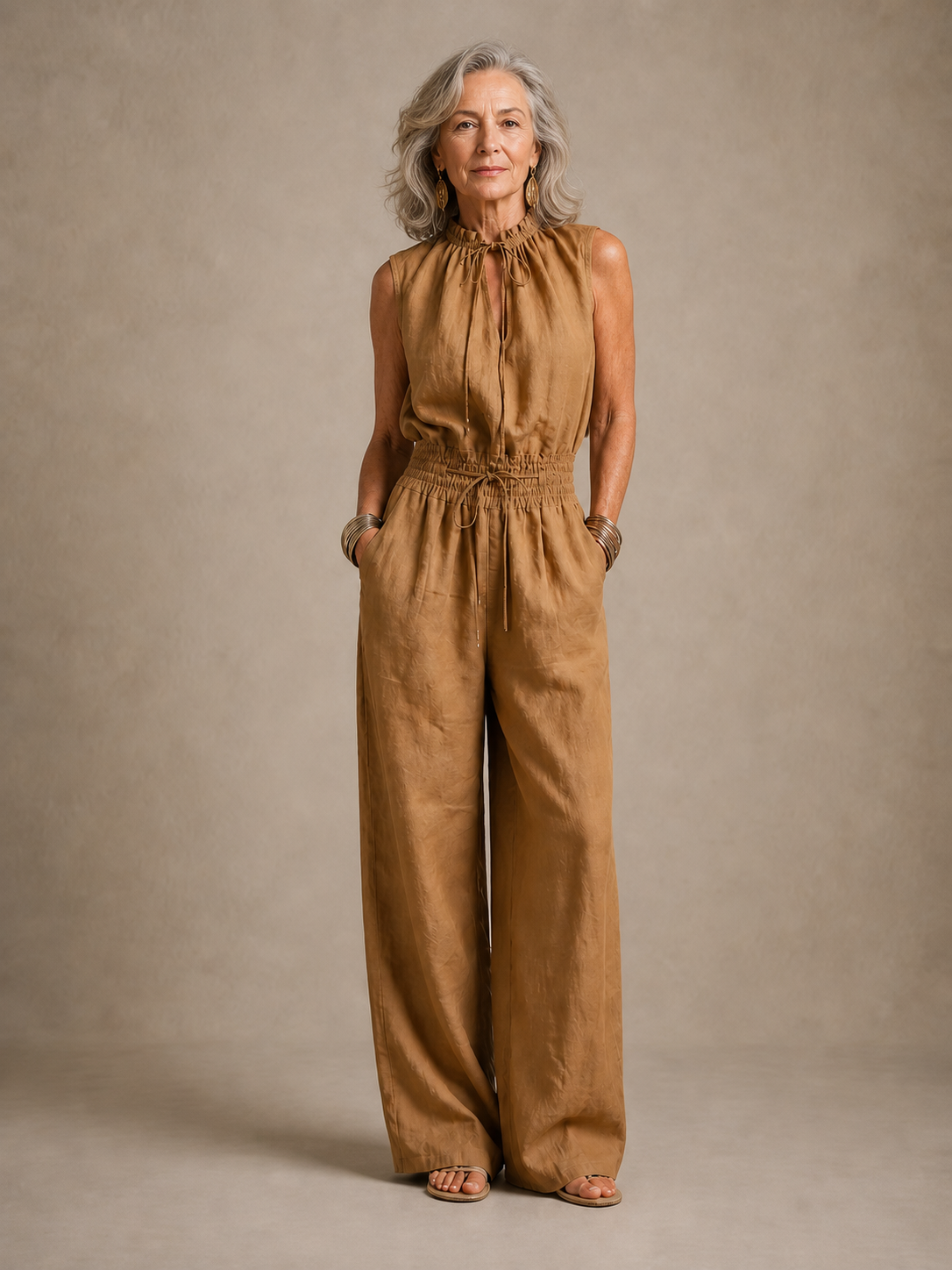Zenaide wide-leg jumpsuit in camel, full-length front view