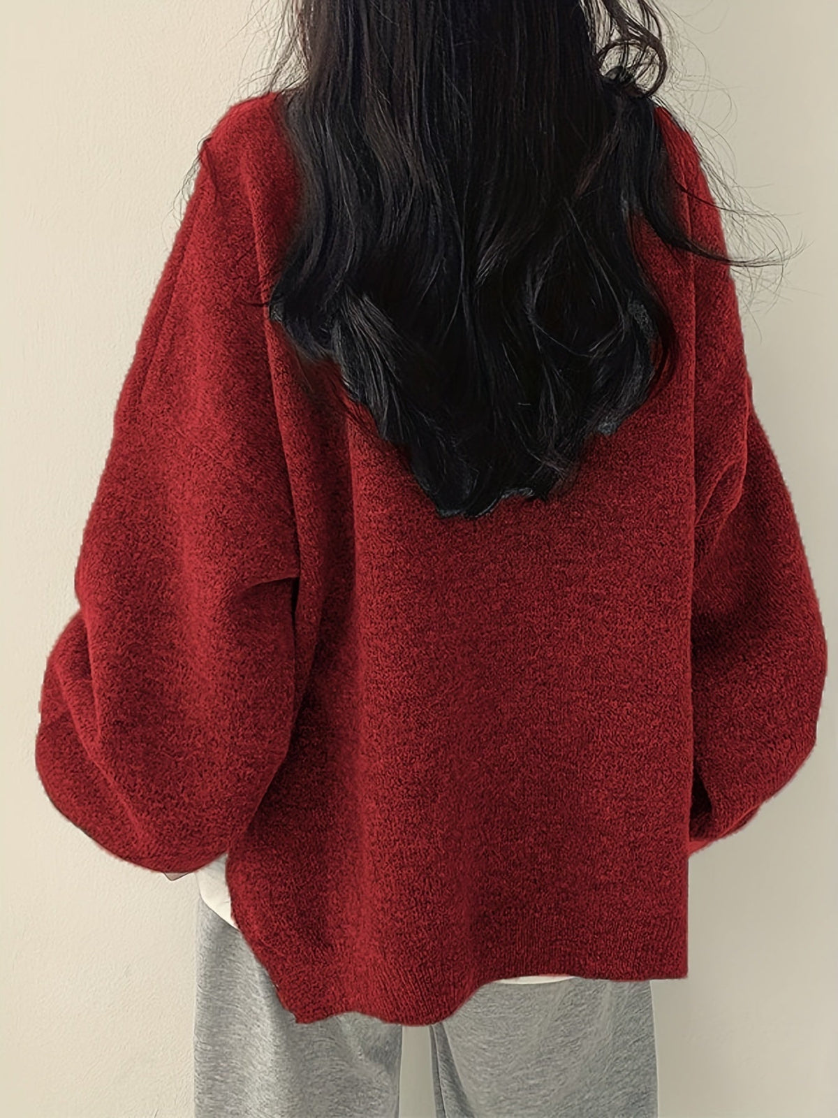 Everlight split detail sweater in crimson, back view on model