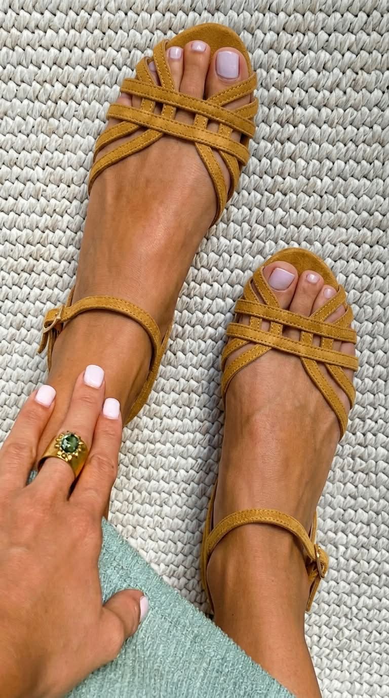 Woven strap flat sandals in mustard, worn top view