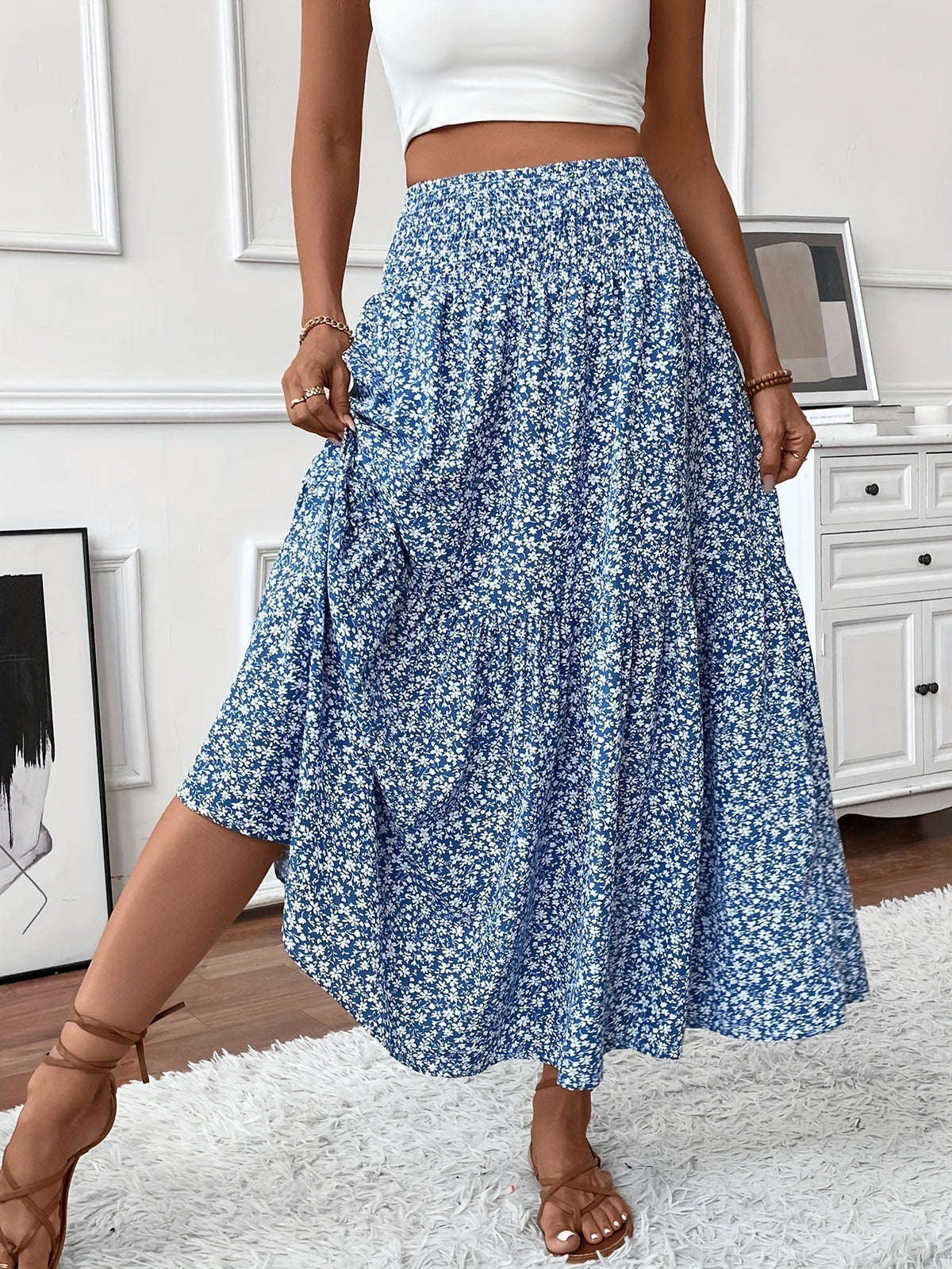 Tahlia tiered floral maxi skirt in blue, full-length front view