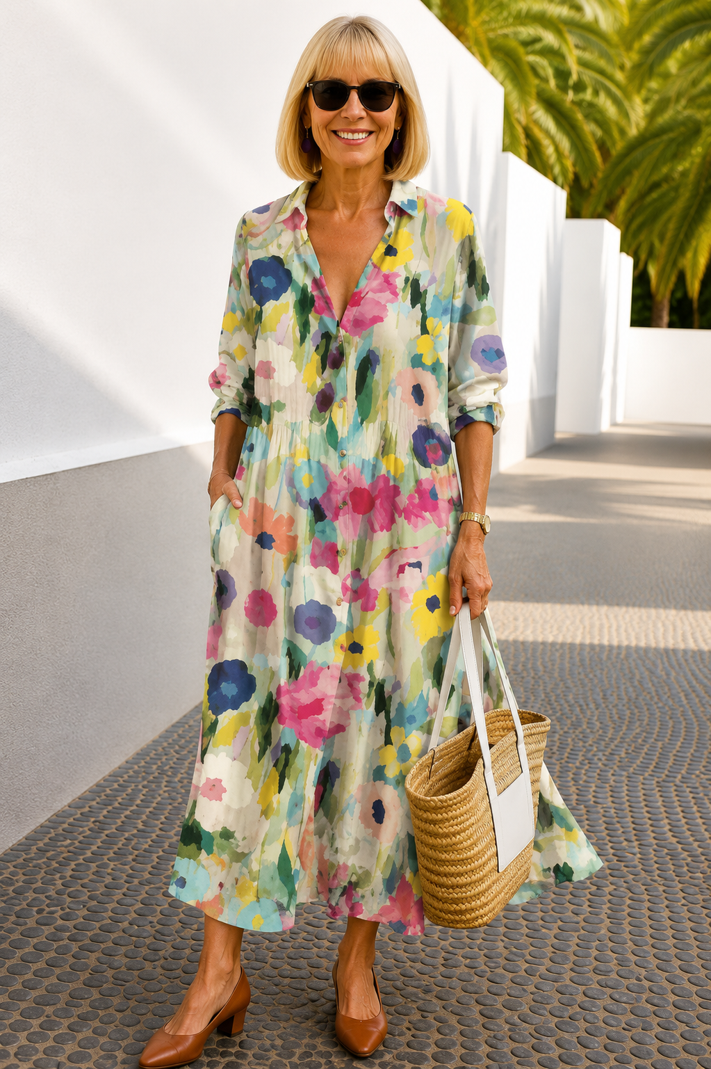 Rimmey boho dress in multi colour floral print, full-length front view
