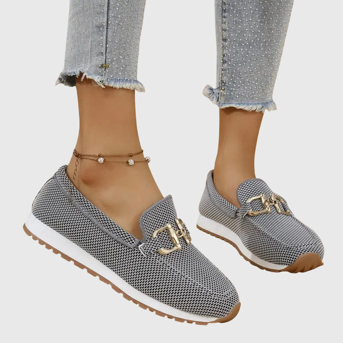 Shiloh loafer trainers in grey mesh, worn front view