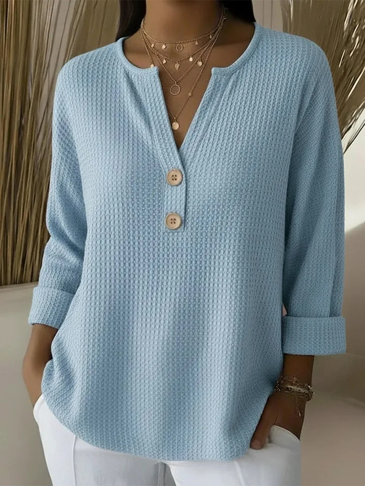 Lucía textured Henley top in sky blue, front view
