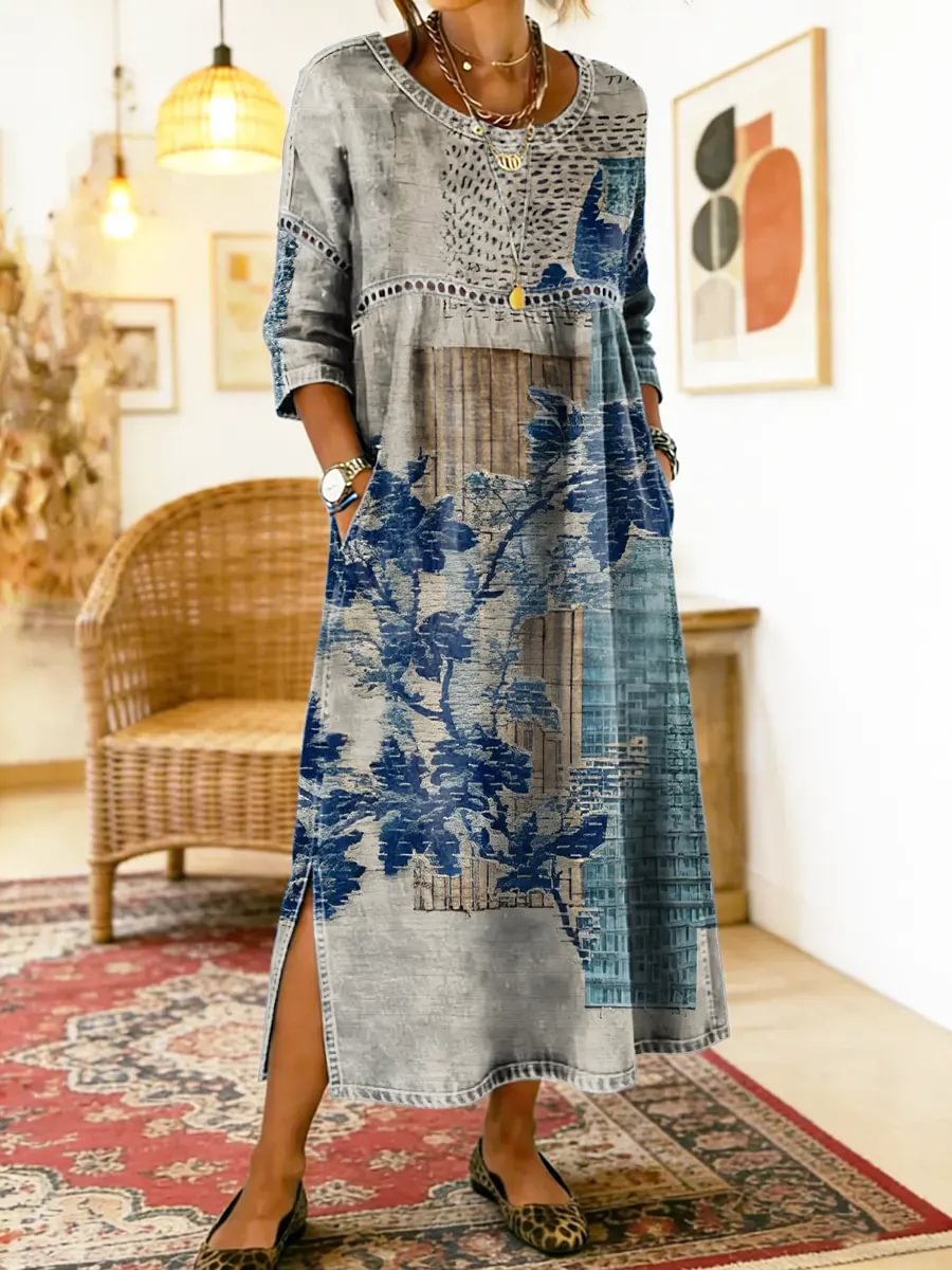 Josefa floral printed dress in grey and blue, full-length front view