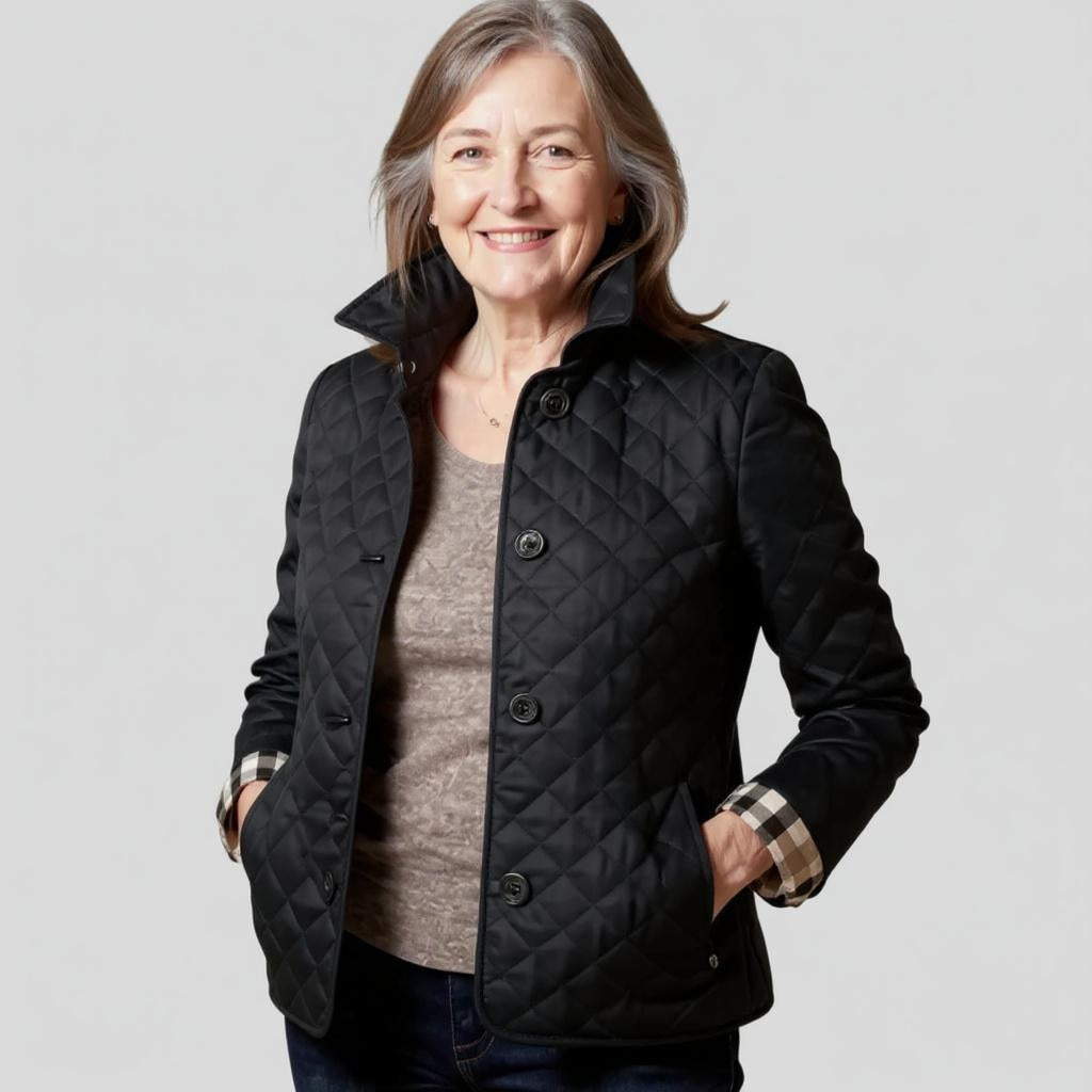 Hailey quilted jacket in black, front view with hands in pockets