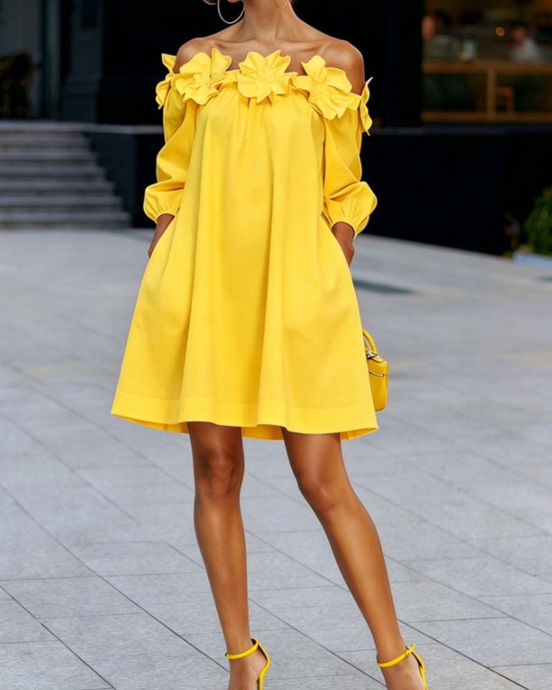 Rowena off-shoulder A-line dress in yellow, full-length front view