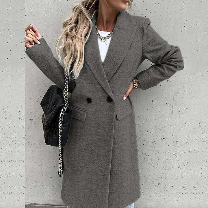 Evelyn classic lapel coat in grey, front view with lapels